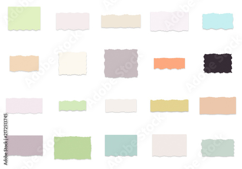 Collection of colorful torn paper scraps and decorative edge labels for scrapbook design and stationery projects