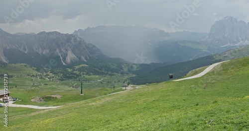 Approaching rainstorm over the green valley in dolomites