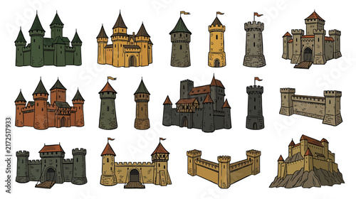 Картината върху платно Medieval Castle Collection Isolated - Fantasy Fortress Illustrations