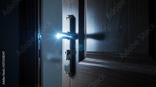 Interior door with illuminated handle and lock slightly open at night. Light beams escape into dark adjacent room. Concept of mystery and discovery.