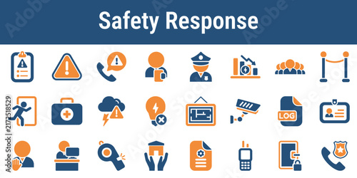 Icons for deescalation incident reporting emergency contacts crowd management and secure polling operations. Useful for election safety training poll worker manuals and response diagrams