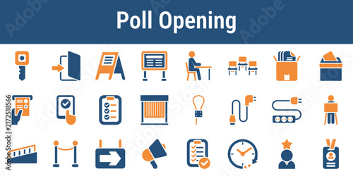 Icons for opening a polling place setting up supplies equipment signs and staff stations. Useful for election operations checklists poll worker guides and training diagrams