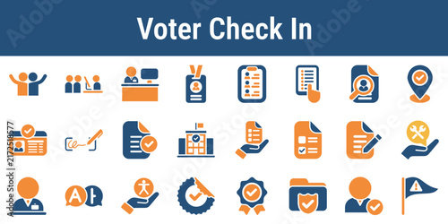 Icons for poll worker voter greeting registration lookup identity review and ballot issue. Useful for check in screens election training materials and polling place guides