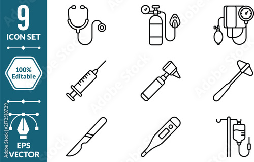 Medical Icons Set Stethoscope, Syringe, Scalpel, Oxygen Tank, Thermometer, IV Bag
