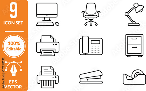 Professional Office Equipment Line Art Icons Set for Business Productivity and Workspace Design