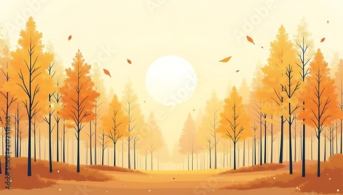 Pixel art autumn forest landscape with bright sun and falling leaves in a yellow orange mood