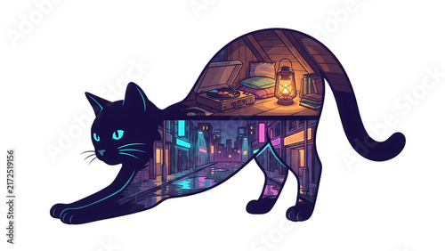 Stylized Cat Silhouette with Neon Night City and Cozy Interior Double Exposure Vector Art