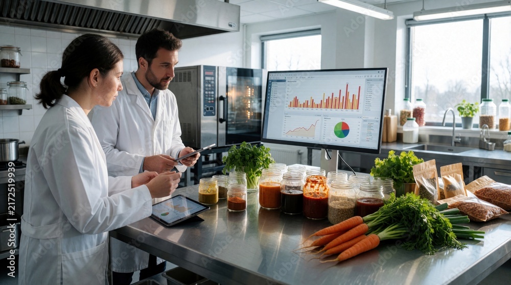 Fototapeta premium Two scientists in lab coats analyze food data on computer screen. Team in kitchen works with samples, jars, ingredients, carrots, checking charts and graphs for product development.