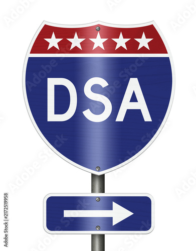 Fotografie DSA text on an American interstate road sign isolated on white for Democratic So