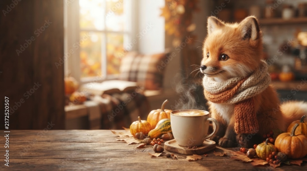 Fototapeta premium Cute baby fox in knitted scarf with cup of hot coffee on wooden table. Autumn coziness concept with pumpkin and leaves. Thanksgiving and fall season greeting card background.