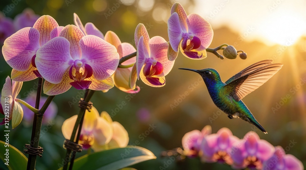 Naklejka premium Small hummingbird hovers near pink orchid flowers in sunny garden. Colorful bird flies with wings spread near tropical blooms. Warm golden sunlight shines through leaves in nature background.