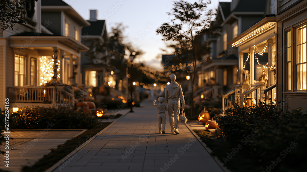 Fototapeta premium 夕暮れの住宅街を親子で連れ立って歩く後ろ姿