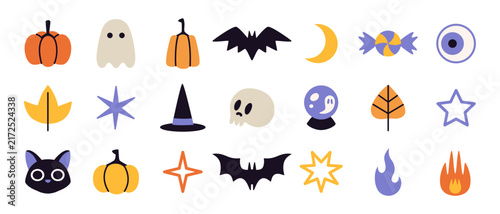 Halloween icon collection with pumpkins, ghosts, bats, witch hat, skull and spooky symbols for crafts, stickers and seasonal designs. Flat vector illustrations isolated on white background