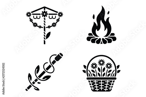 Midsummer celebration and folklore elements featuring fire staff and flowers