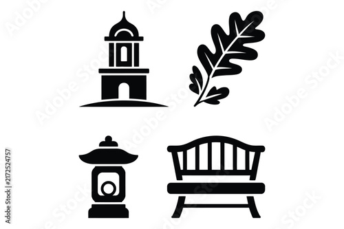 Vector illustration featuring a vintage pavilion tower oak tree leaf garden