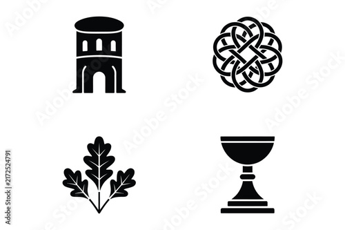 Vector illustration featuring a medieval tower circular celtic knot oak leaves