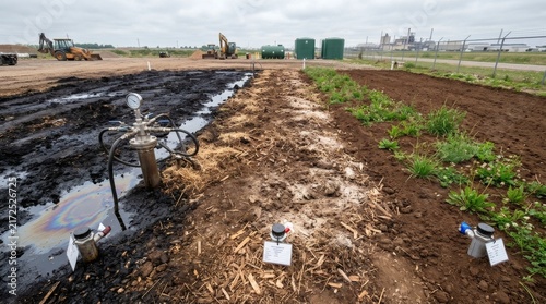 Environmental remediation site with oil spill and monitoring equipment