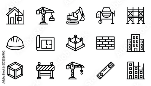 Set of construction icons designed by a professional vector illustrator featuring building tools and industrial site equipment elements