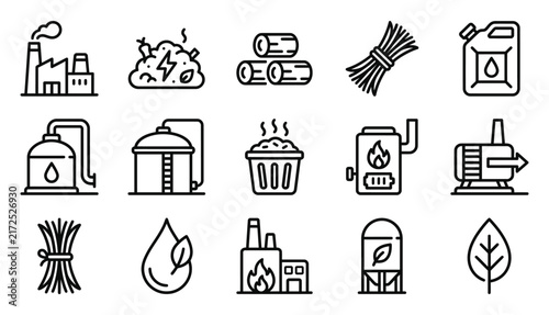 Set of bioenergy icons designed by a professional vector illustrator featuring renewable energy and sustainable fuel production concepts