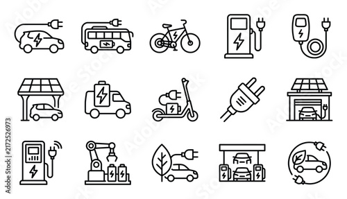 Set of electric vehicle icons created by a professional vector illustrator featuring sustainable transport and charging station symbols