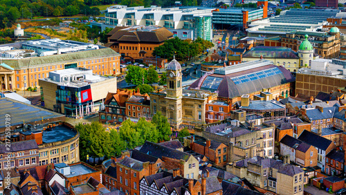 Konstfotografi Panoramic aerial view of historic building development in Derby
