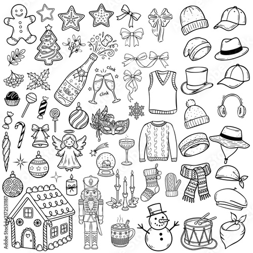 Hand drawn Christmas and winter doodle element set. Cozy holiday line art vector illustrations.