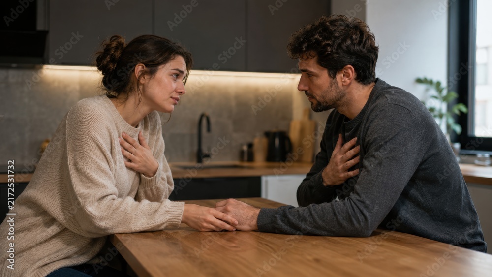 Obraz premium Sad young couple holding hands having serious emotional conversation apology at kitchen home table. Concept of relationship, repair, relationship repair, conflict resolution, forgiveness. Copy space.