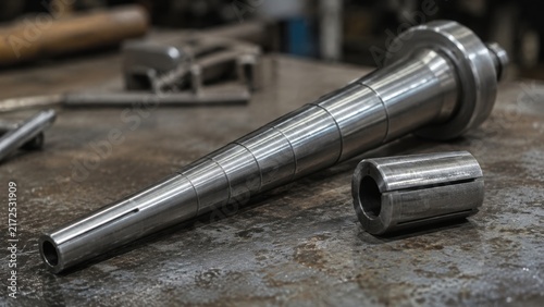 Fototapeta Steel lathe mandrel and expanding collet part lying on metal workbench in industrial manufacturing workshop. Concept of metal tooling, metalworking, machine shop, workshop tool, industrial equipment.