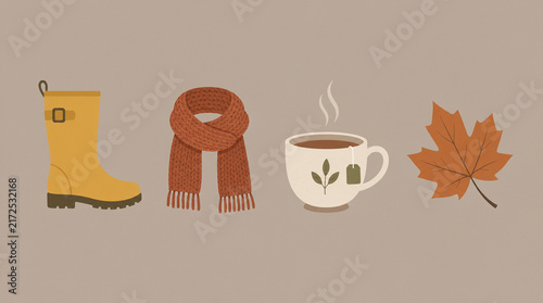 Autumn Seasonal Icons with Rain Boot Scarf Tea and Leaf