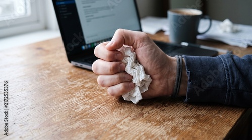 A person crumples a white napkin into a ball while sitting at a wooden desk with a laptop.