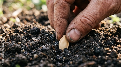 A gardener’s hand planting a small seedling into rich, dark soil outdoors.