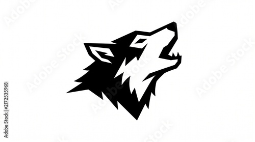A bold black-and-white graphic of a howling wolf head facing forward with sharp, stylized features.