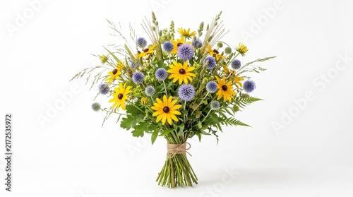 A vibrant bouquet of sunflowers, daisies, and cornflowers tied with twine against a neutral background.