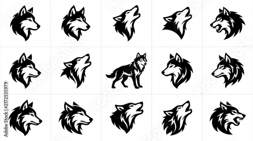 Black-and-white geometric illustration of wolves in various dynamic poses and expressions.