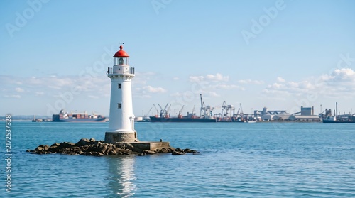 White Lighthouse with Red Top Situated on Rocky Outcrop in Harbor with Shipping Port Infrastructure and Cargo Vessels in Background for Maritime Navigation and Trade