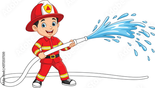 Cute Boy Firefighter Spraying Water from Hose Cartoon Character for Fire Safety Emergency Rescue and Heroic Occupation Concept