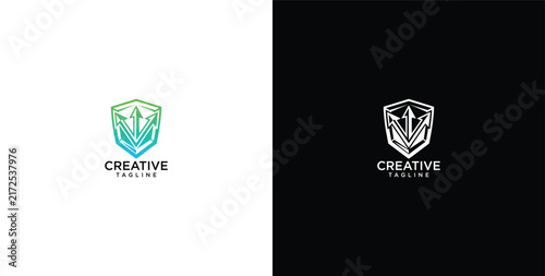 Принти на полотні Creative bull shield logo template with spear and arrow design in gradient and m