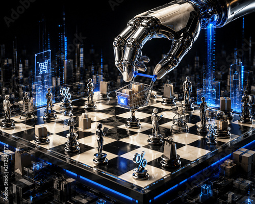 AI robotic hand moving shopping cart on chessboard, ecommerce strategy and automation concept