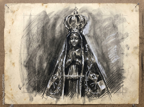 Charcoal sketch illustration of Our Lady of Aparecida, the patron saint of Brazil, depicted with an ornate crown on vintage paper