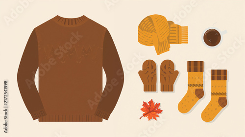 Flat Illustration of Cozy Autumn and Winter Essentials with Brown Sweater, Scarf, Mittens, Socks, Coffee, and Maple Leaf