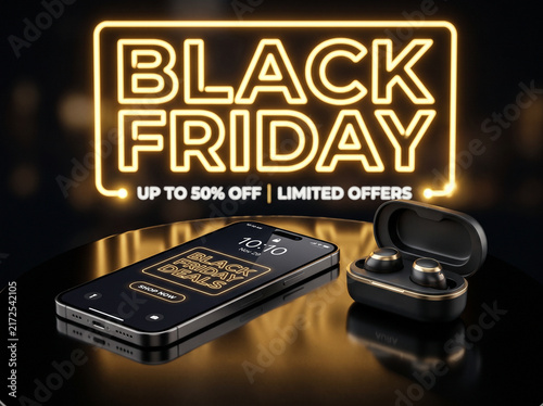 Black Friday Sale Concept with Smartphone and Wireless Earbuds on a Glossy Surface with Glowing Neon Sign