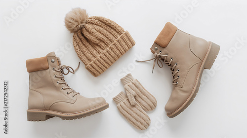 Stylish Winter Fashion Set with Beige Leather Boots, Knitted Beanie, and Mittens - Flat Lay on White Background