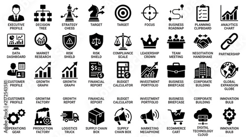 Corporate icon pack presents black glyph symbols for financial analysis, logistics, operations, and management.