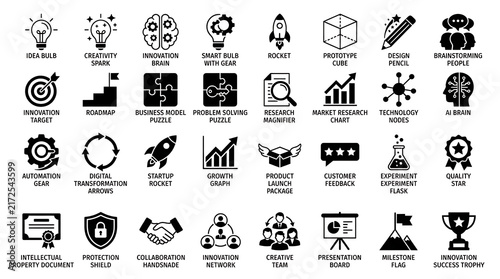 Startup icon library features solid black graphics illustrating creative thinking, brainstorming, and business launch.