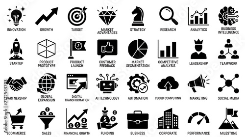 Enterprise symbols array presenting black pictograms for commercial operations, financial planning, and company expansion.