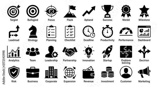Business strategy icons presented in a grid format highlighting corporate planning, goal achievement, teamwork, leadership, financial growth, and successful enterprise management.