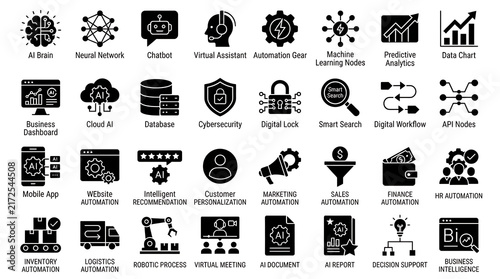 Set of artificial intelligence and automation icons illustrating modern technology solutions and smart workflows.