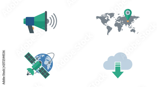 Set of four pixel art icons including a megaphone, world map with location pin, orbiting satellite, and cloud download, representing communication, global reach, technology, and data transfer