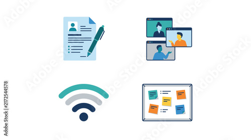 Set of four pixel art icons representing online recruitment, video conferencing, Wi-Fi signal, and a notice board with sticky notes, perfect for digital communication themes