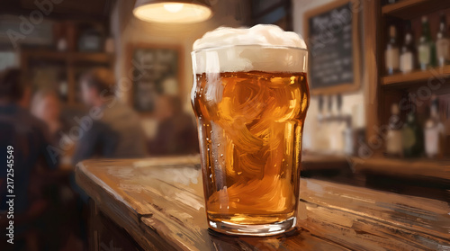 Fresh beer pint on pub counter digital painting illustration